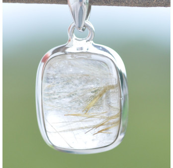 Pendentif rectangulaire bombé argent et pierre Quartz rutile