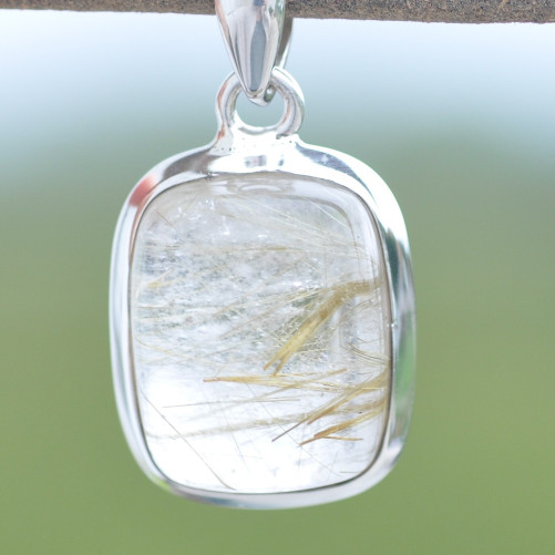 Pendentif rectangulaire bombé argent et pierre Quartz rutile
