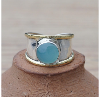 Anneau argent et doré pierre naturelle Calcédoine T54