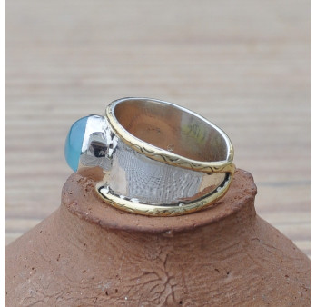 Anneau argent et doré pierre naturelle Calcédoine T54