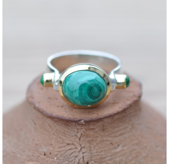 Bague argent et argent doré 3 pierres cabochon Malachite