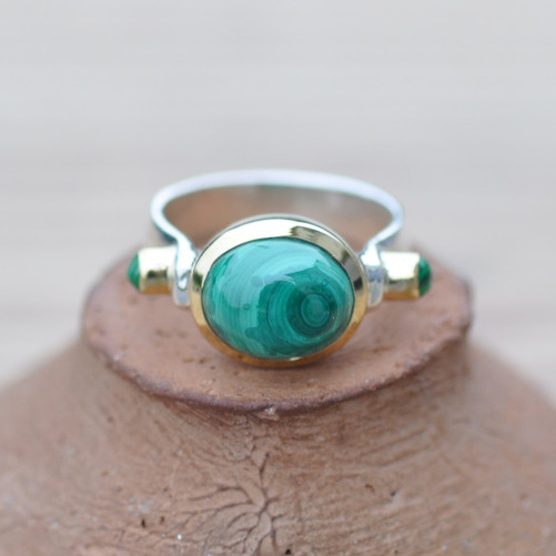Bague argent et argent doré 3 pierres cabochon Malachite