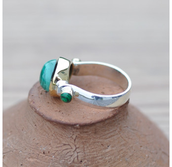 Bague argent et argent doré 3 pierres cabochon Malachite T52/53/54/55/56/57