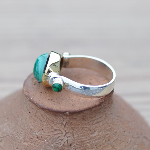 Bague argent et argent doré 3 pierres cabochon Malachite T52/53/54/55/56/57
