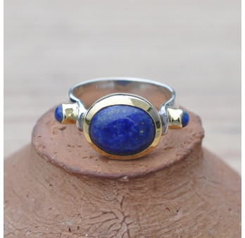 Bague argent et argent doré 3 pierres cabochon Lapis lazuli
