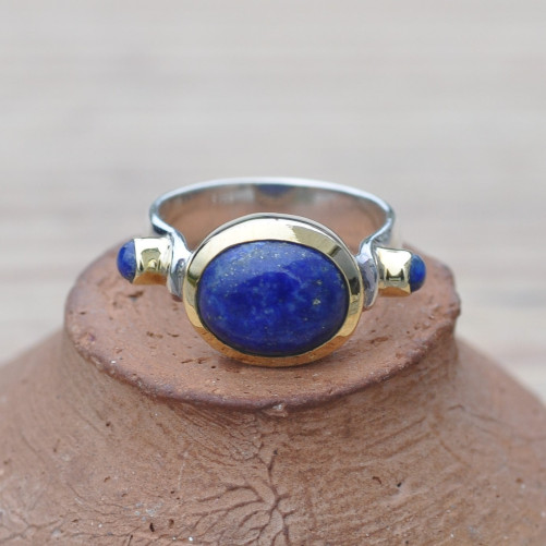 Bague argent et argent doré 3 pierres cabochon Lapis lazuli