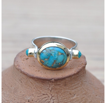 Bague argent et argent doré 3 pierres cabochon Turquoise mohave