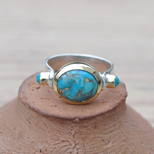 Bague argent et argent doré 3 pierres cabochon Turquoise mohave
