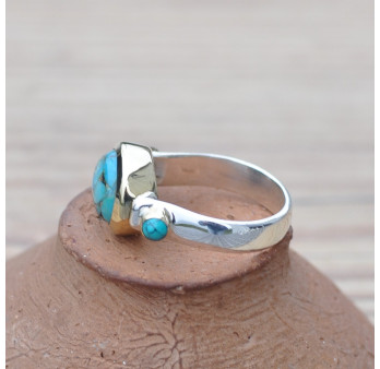 Bague argent et argent doré 3 pierres cabochon Turquoise mohave T57/61