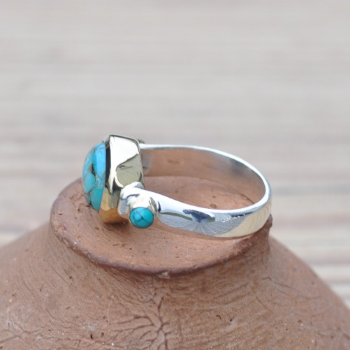Bague argent et argent doré 3 pierres cabochon Turquoise mohave T57/61