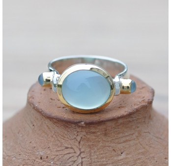 Bague argent et argent doré 3 pierres cabochon Calcédoine