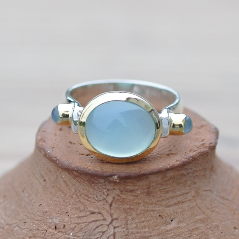 Bague argent et argent doré 3 pierres cabochon Calcédoine