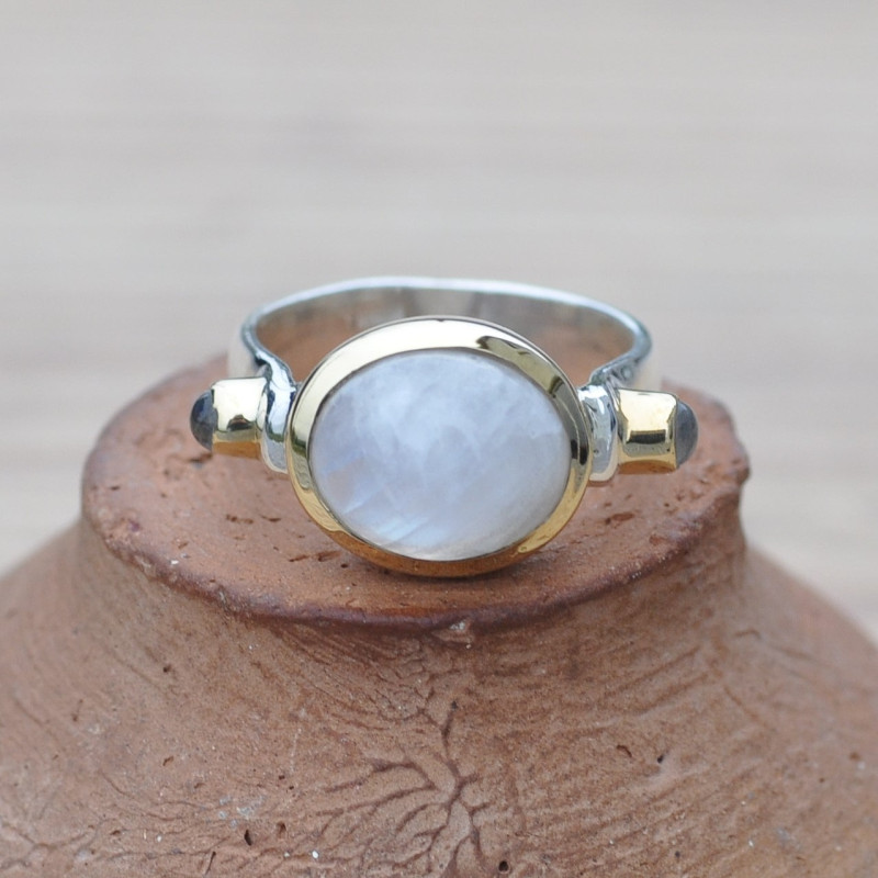 Bague argent et argent doré Pierre de lune (blanc) T54/55 Bague argent et argent doré Pierre de lune (blanc) T54/55