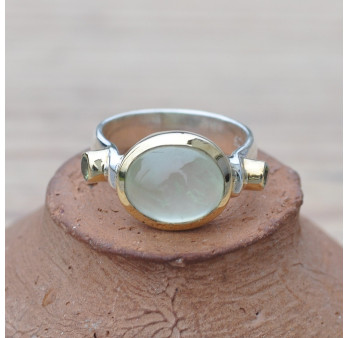 Bague argent et argent doré 3 pierres cabochon Prehnite