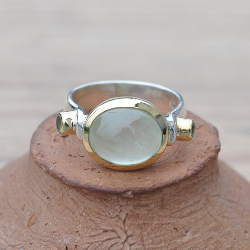 Bague argent et argent doré 3 pierres cabochon Prehnite