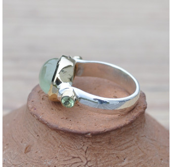 Bague argent et argent doré 3 pierres cabochon Prehnite T58