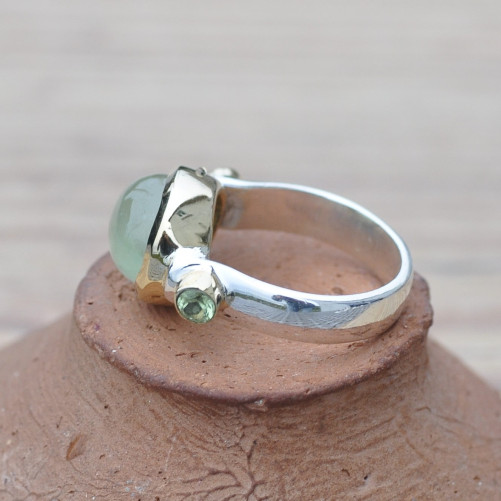 Bague argent et argent doré 3 pierres cabochon Prehnite T58