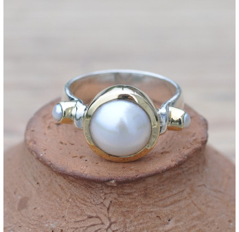 Bague argent et argent doré 3 Perles de culture (blanc)