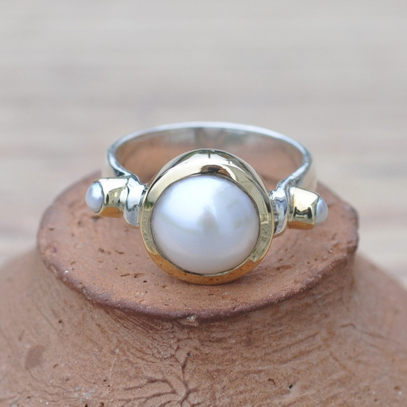 Bague argent et argent doré 3 Perles de culture (blanc) T56 Bague argent et argent doré 3 Perles de culture (blanc) T56
