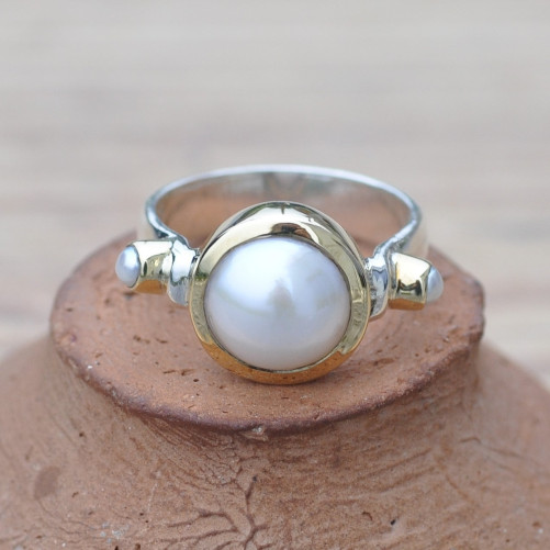 Bague argent et argent doré 3 Perles de culture (blanc)