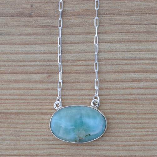 Collier chaîne argent et pendentif ovale en LARIMAR (bleu)