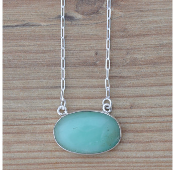 Collier chaîne argent et pendentif ovale en CHRYSOPRASE (vert)