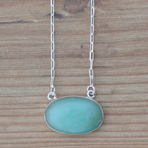 Collier chaîne argent et pendentif ovale en CHRYSOPRASE (vert)