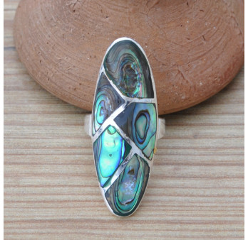 Longue bague oblongue en argent et Abalone (vert) (bleu)