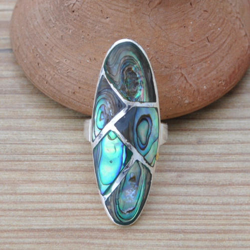 Longue bague oblongue en argent et Abalone (vert) (bleu)
