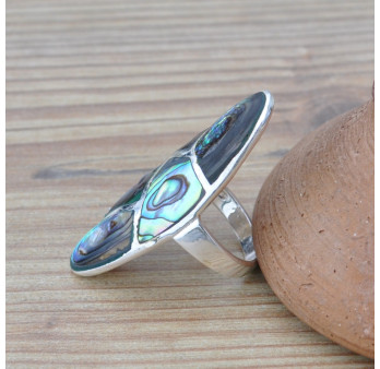Longue bague oblongue en argent et Abalone (vert) (bleu) T53