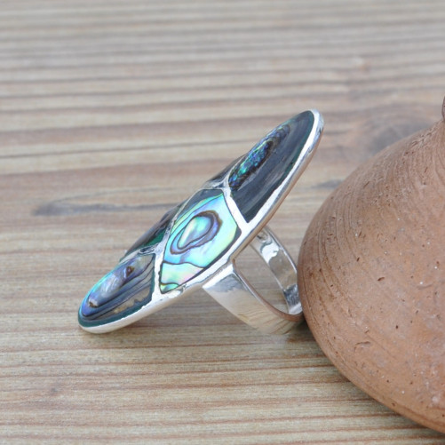 Longue bague oblongue en argent et Abalone (vert) (bleu) T53