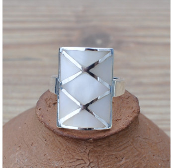 Bague chic rectangulaire en argent et Nacre (blanc)