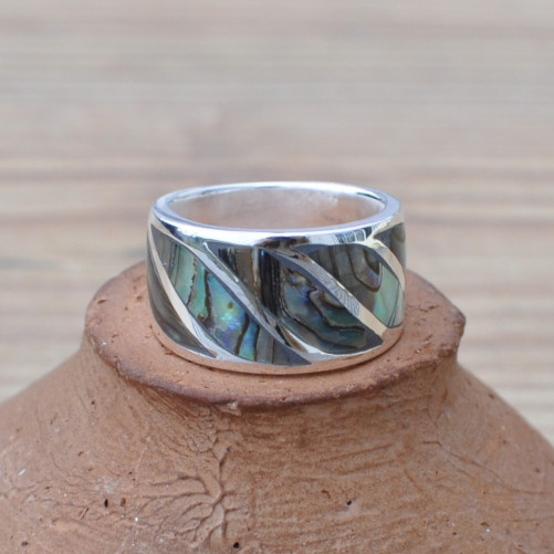 Anneau argent large en Abalone (vert (bleu)