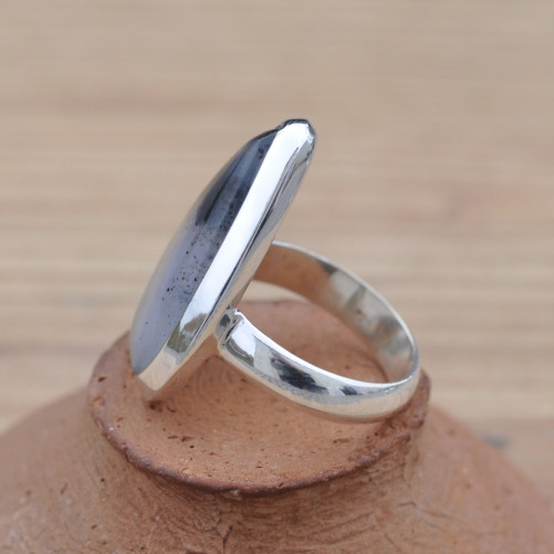 Bague goutte en pierre Agate dendrite sertie d'argent (blanc) T55