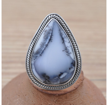 Grosse bague goutte en argent strié et pierre Agate dendrite (blanc)