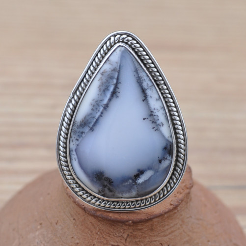 Grosse bague goutte en argent strié et pierre Agate dendrite (blanc)