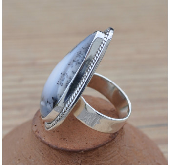 Grosse bague goutte en argent strié et pierre Agate dendrite (blanc) T58