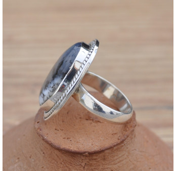 Bague bohême chic en argent et Agate dendrite unique (blanc) T57