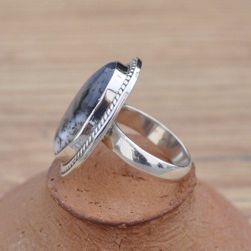 Bague bohême chic en argent et Agate dendrite unique (blanc) T57