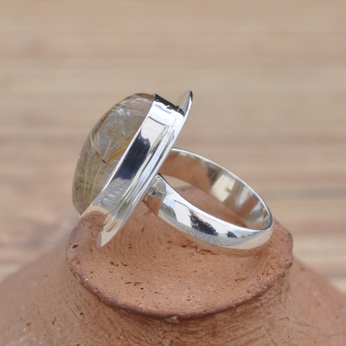 Bague pierre Quartz rutile et monture plate en argent T53