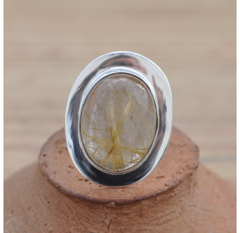 Bague pierre Quartz rutile bombée et monture plate en argent T53