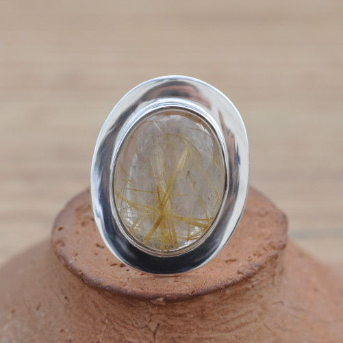 Bague pierre Quartz rutile bombée et monture plate en argent T53