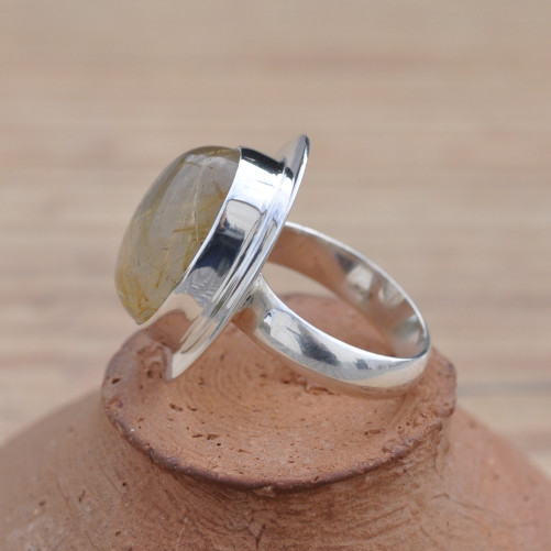 Bague pierre Quartz rutile bombée et monture plate en argent T53