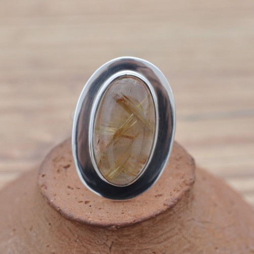 Bague ovale moderne en argent et Quartz rutile T53