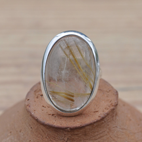 Bague ovale en argent et pierre naturelle Quartz rutile T53