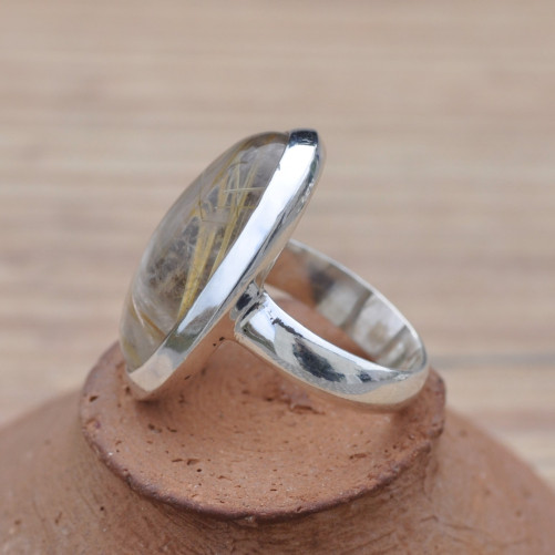 Bague ovale en argent et pierre naturelle Quartz rutile T53