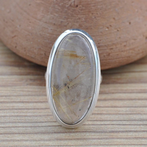 Grande bague ovale en argent et pierre naturelle Quartz rutile (brun)