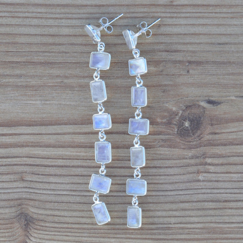 NEW ! Longues boucles 7 Pierres de lune rectangulaires et argent