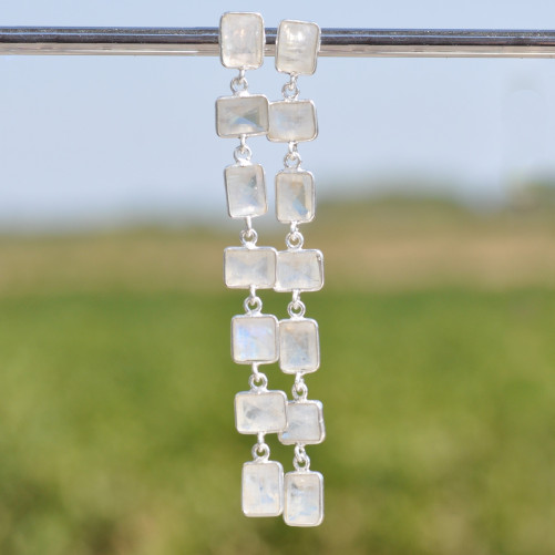 Longues boucles 7 Pierres de lune rectangulaires et argent