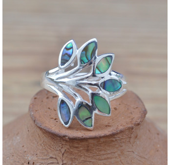 Bague argent aux 7 feuilles en coquillage d'Abalone (vert) (bleu)